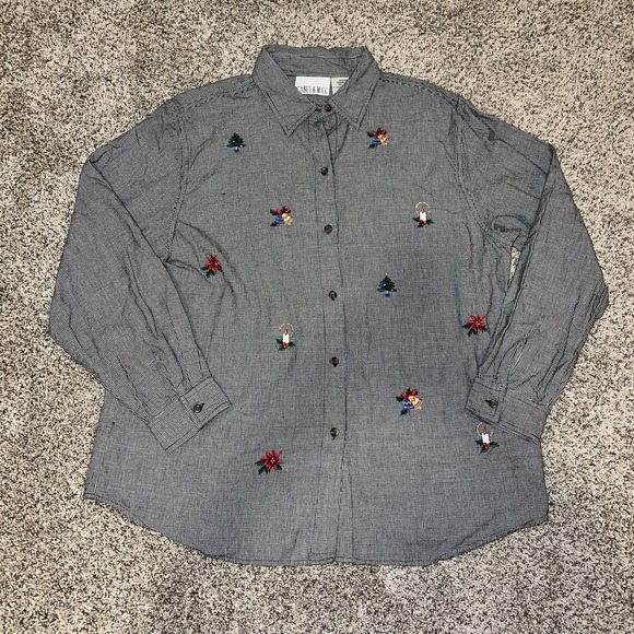 Casey & Max Tops - Casey & Max Vintage Christmas Shirt Embroidered Black White Houndstooth XL